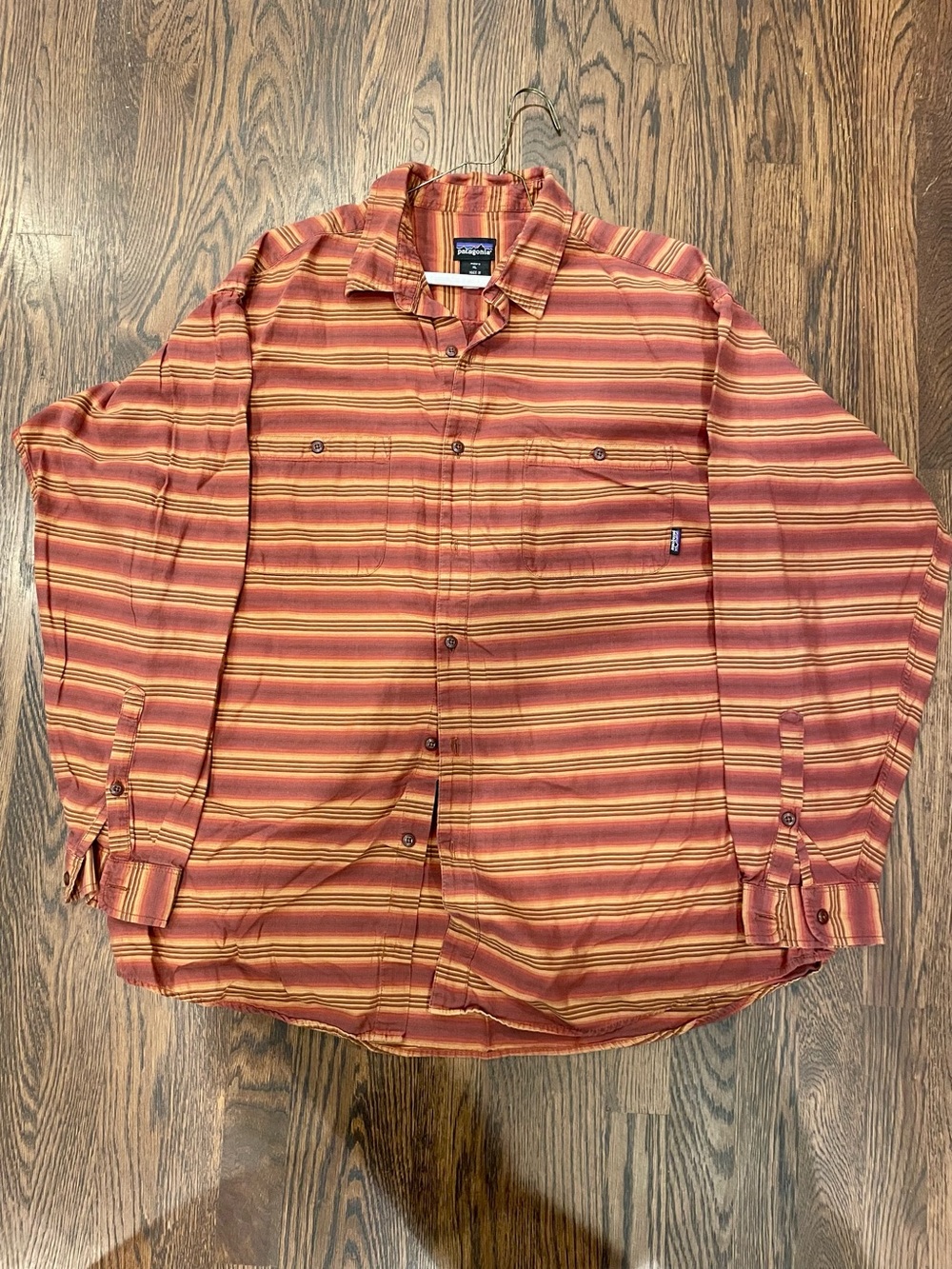 Vintage Patagonia Men's Button-Up Shirt in orange red and brown